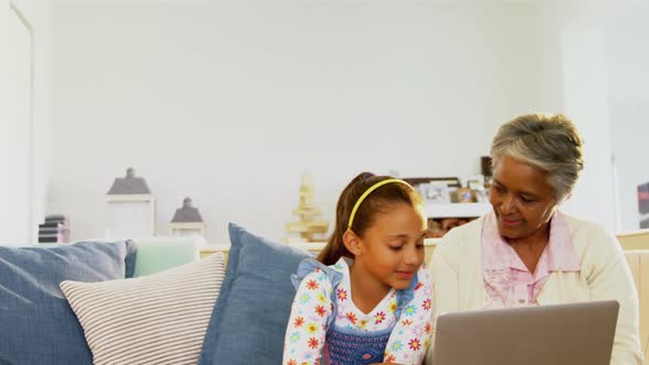 Grandmother and granddaughter using laptop in living room