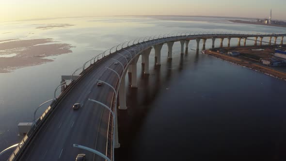 Traffic Cars Moving on the ZSD Highway Bridge over the Sea Saint-Petersburg Russia