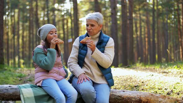 Grandma with Granddaughter Having Picnic in Forest