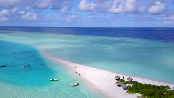 Aerial panorama of island beach journey by sea with sand background