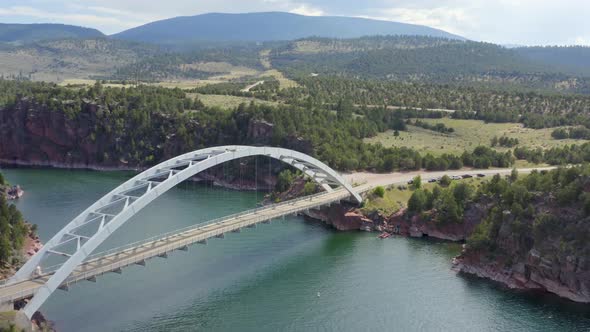 Aerial Drone Flight Over Flaming Gorge Bridge in Flaming Gorge National Recreation Area