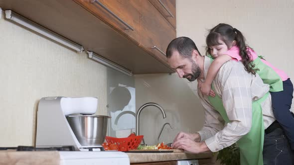 A man with a child in the kitchen.