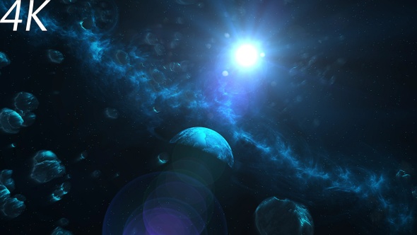 Flying Through Asteroids and Blue Planet to Space Nebula and Star alt