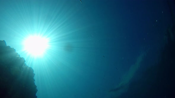 Sun shot from bottom of a lake with clear and transparent blue water.