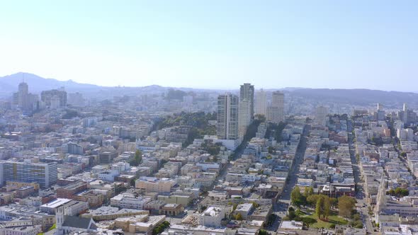 Aerial: Cityscape and downtown, drone view