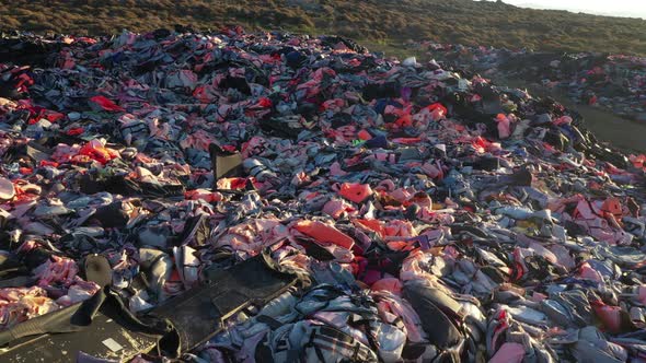 Thousands of refugee lifejackets on Lesvos AERIAL