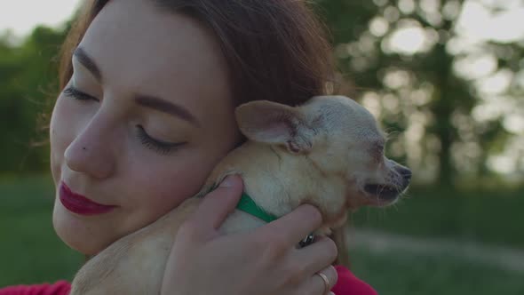 Pretty Woman Petting Her Chihuahua Dog Outdoors