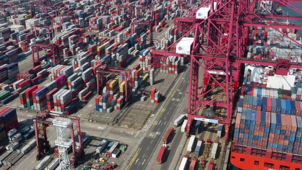 Drone fly over Hong Kong container port