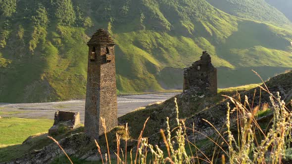 Old Tusheti Tower and Ruins at the Foothills of Caucasus Mountains in Tusheti, Georgia, Near Dartlo