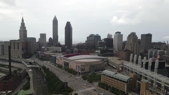 Cleveland, Ohio skyline drone videoing down.