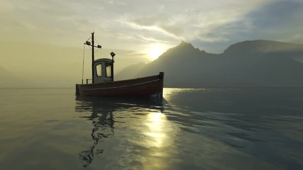 An old fishing boat drifting slowly on the foggy sea during beautiful sunset. 4K