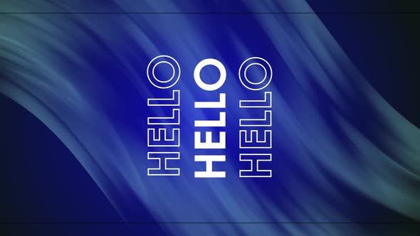 Animation of Hello information written in white letters on a blue and chite background