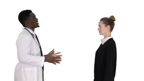 Doctor telling good news and patient leaves on white background.