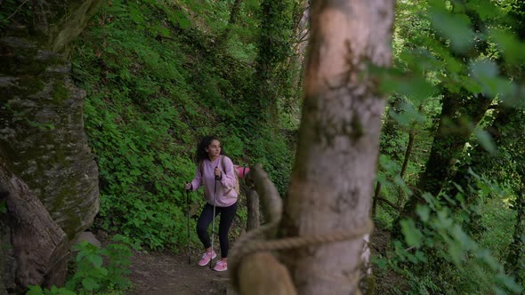 Travelling Alone in Forest Female Tourist with Backpack is Walking in Woodland