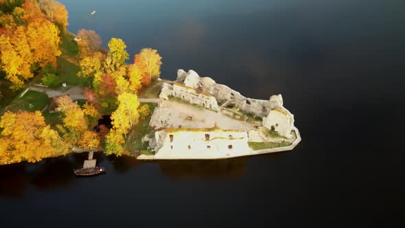 Autumn Aerial Landscape Old Koknese Castle Ruins and River Daugava Located in Koknese Latvia. 