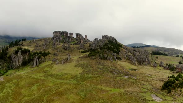 Famous Los Frailones Rock Formation Inside The Cumbemayo At Cajamarca City In Peru. aerial, forward