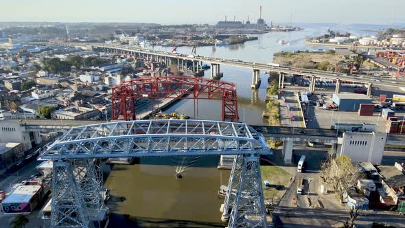 Ariel view of Old Nicolas Avellaneda steel bridge across Matanza River in La Boca, Bueno Aires. Arge