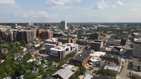 Ann Arbor, Michigan skyline drone videoing in.