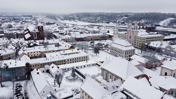 Aerial shot of Kaunas city center skyline in winter season