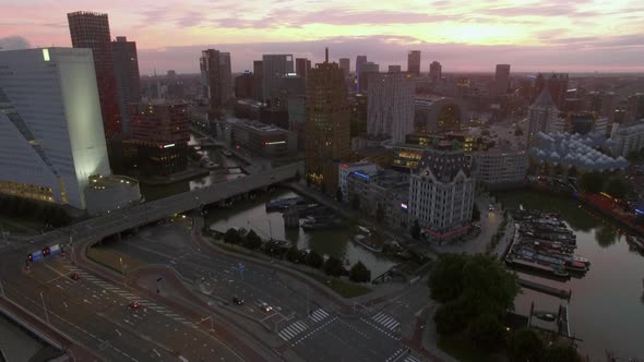 Aerial evening shot of Rotterdam cityscape and traffic