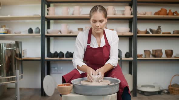 Pottery Workshop Female Ceramist Makes a Pitcher Out of Clay Handicraft Production of Handmade