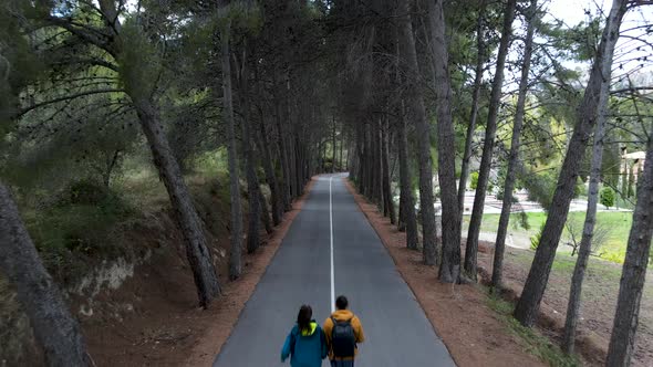 Pushout Aerial of Couple Walking Forward on Path By Trees in Spain