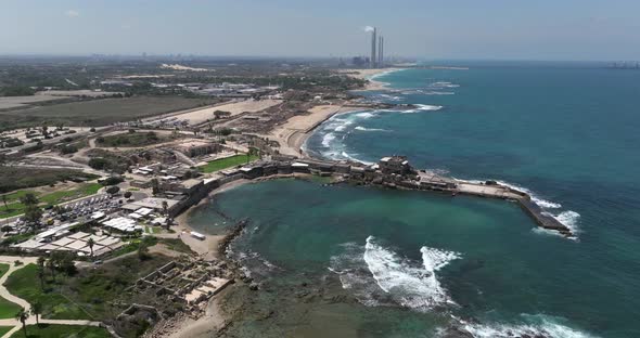 Caesarea ancient port, built by Herod the great, Aerial view.