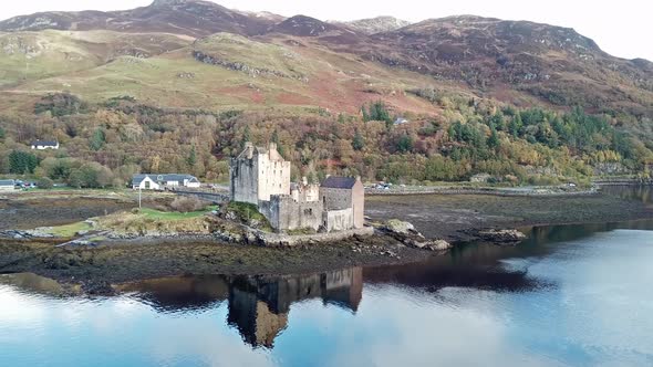 Aerial View of the Historic Eilean Donan Castle By Dornie in Autumn, Scotland