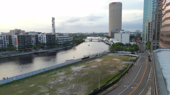 Aerial view riverwalk and buildings in downtown Tampa, Florida