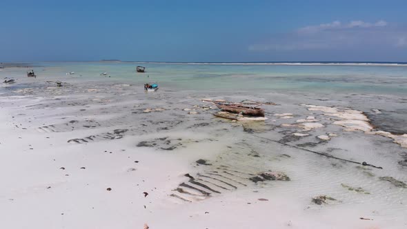 Ocean at Low Tide Aerial View Zanzibar Boats Stuck in Sand on the Shallows