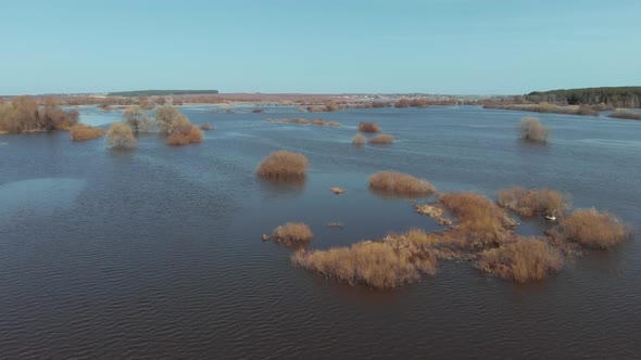 On a Sunny Spring Day the Camera Flies Fast Over a Flooded Area of the Field