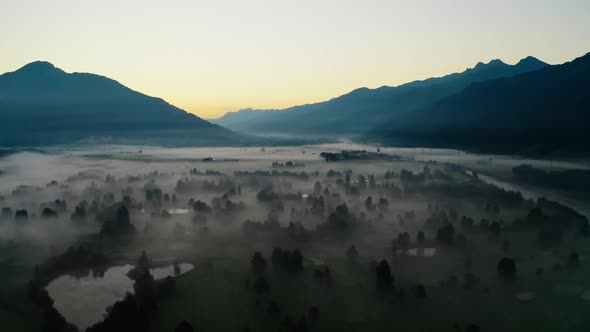 Drone Over Misty Landscape Of Zell Am See At Dawn