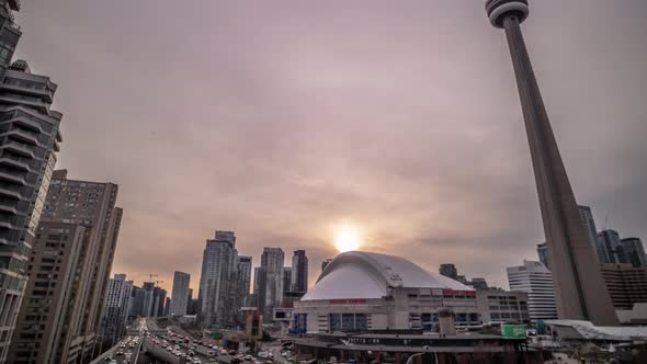 Downtown Toronto Sunset Time Lapse Of Traffic On Gardiner Expressway