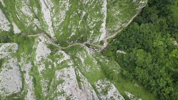 Top down aerial view of foces del pino route. Narrow path between mountains at day time