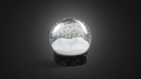 Blank glass snowglobe with snowfall, looped rotation, dark background