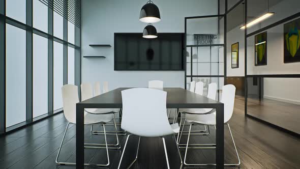 Conference room. The hall with large table, chairs, and presentation board.