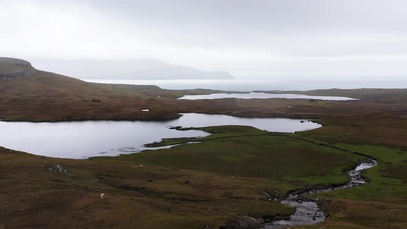 Aerial View of Country Fields with a River Going in the Lake