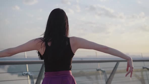 Back View of Caucasian Ballerina Raising Hands Up at Summer Sunrise. Brunette Elegant Young Woman