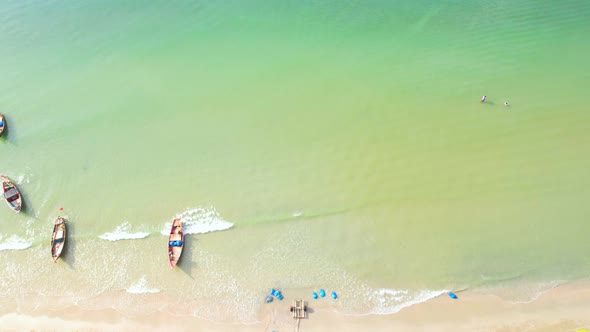 4K aerial view from drone. Fishermen's boats at the beach