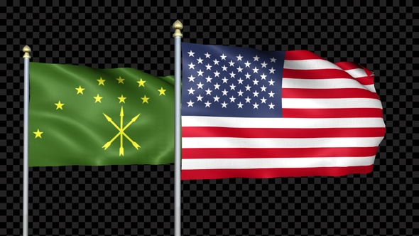 Adygea And United States Two Countries Flags Waving