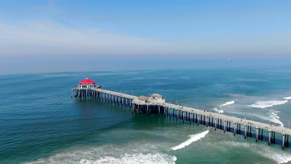 Aerial View of Huntington Pier, Beach and Coastline During Sunny Summer Day