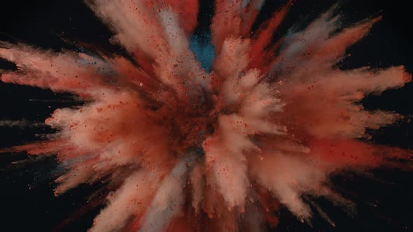 Colorful powder/particles fly after being exploded against black background. Slow Motion.