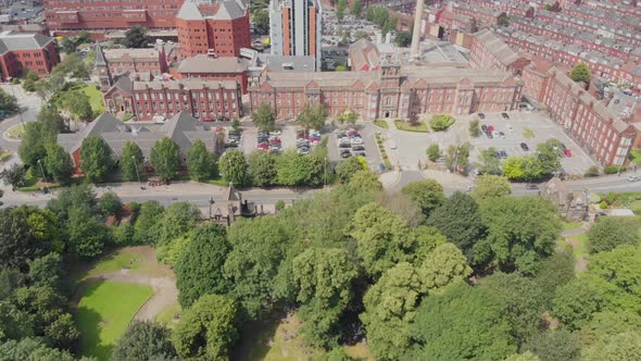 Aerial footage of the St. James's University Hospital in Leeds, West Yorkshire, England in the UK