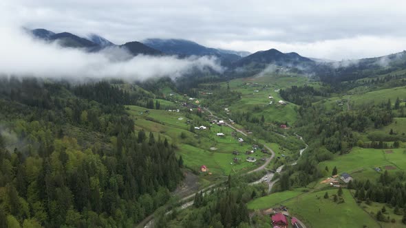 Ukraine, Carpathian Mountains: Village in the Mountains. Aerial