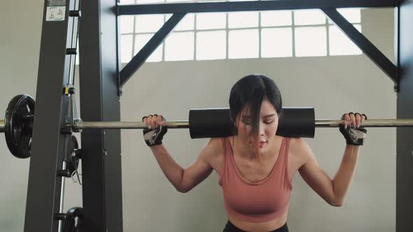 Asian young sport woman wear sportswear workout exercise with barbell at fitness or gym stadium club