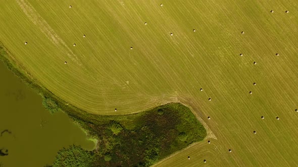 Field with haystacks in rural landscape, top view