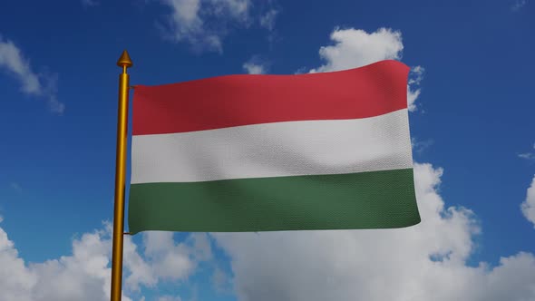 National flag of Hungary waving with flagpole and blue sky timelapse