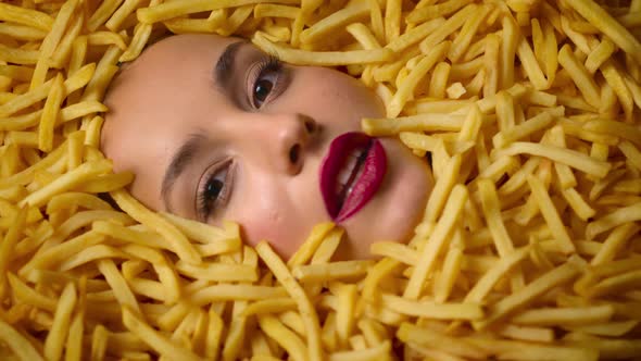 Beauty Fashion Model Girl Lying in Tasty French Fries