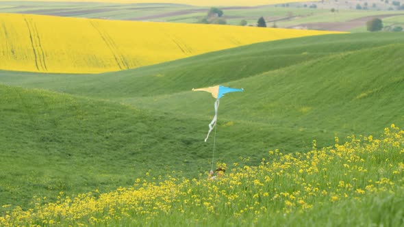 A Teenage Boy Runs on the Hills Holding a Kite with the Colors of the Ukrainian Flag