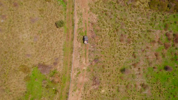 Top down view of safari car driving on scenic road during sunny day - aerial tracking shot